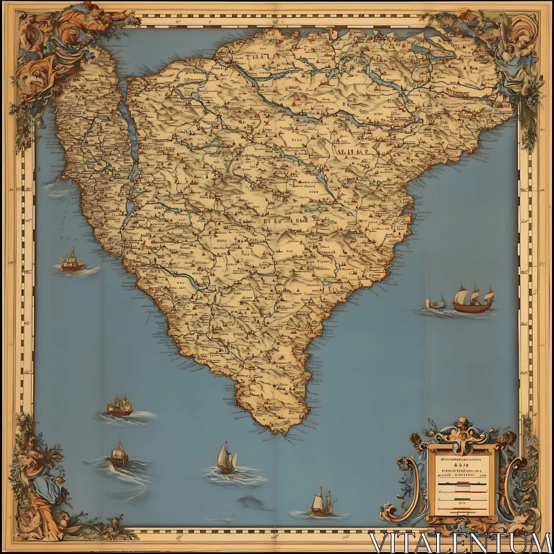 Antique Sea Chart with Ornate Frame AI Image