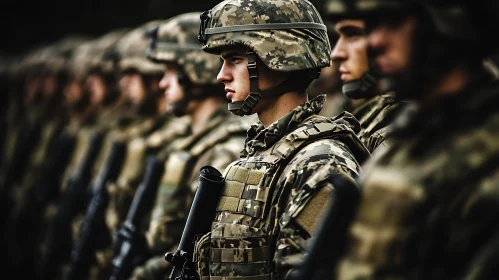 Camouflaged Soldiers Standing in Row