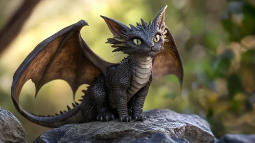 Feline Dragon Perched on Rock