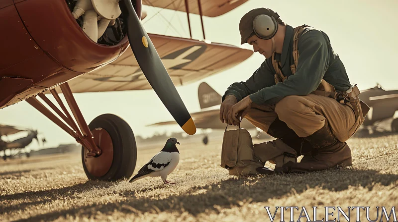 Pilot and Pigeon near Vintage Aircraft AI Image