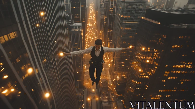 Urban Tightrope Walker Between Buildings AI Image