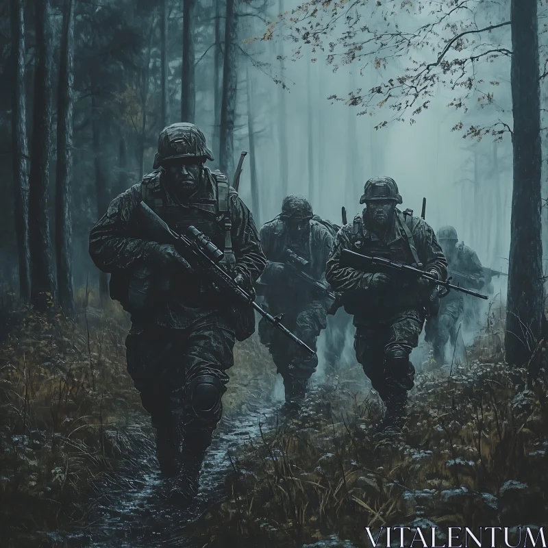 AI ART Camouflaged Soldiers in Dense Woodland