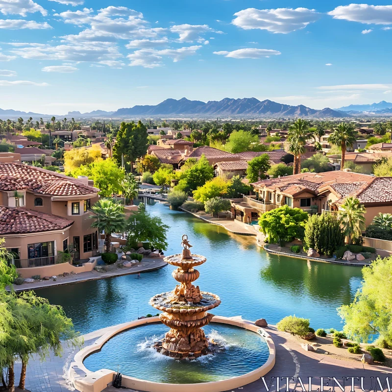 Scenic Villa Community with Fountain and Lake AI Image