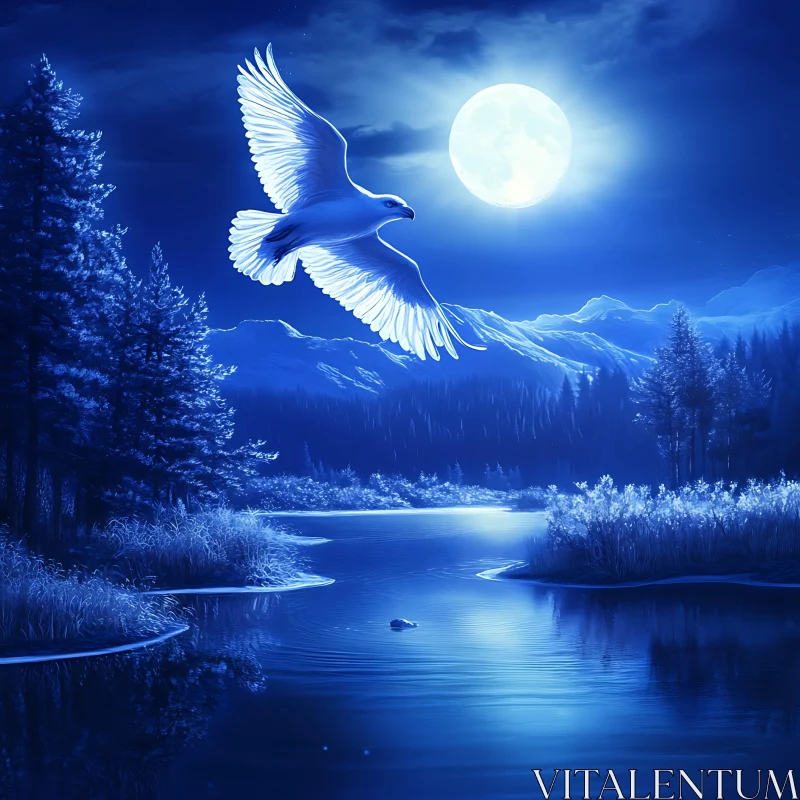 Moonlit Eagle Over Still Waters AI Image