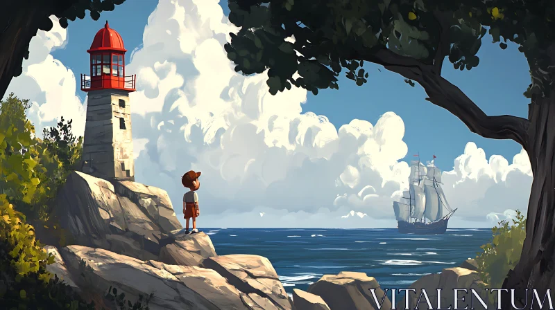 Boy watches ship near the lighthouse AI Image