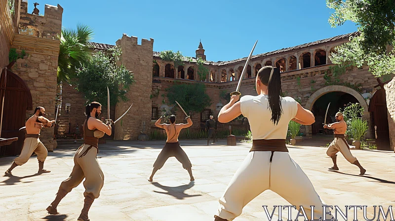 AI ART Warriors Practice Swordsmanship in Courtyard