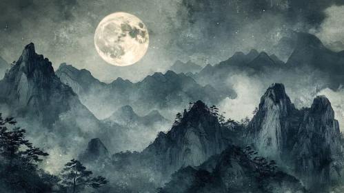 Misty Mountains Under Moonlight
