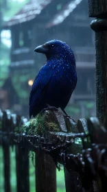 Blue Bird Perched in Rain