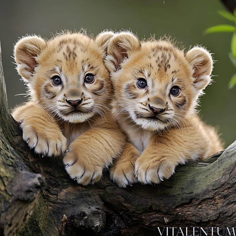 Two Lion Cubs on a Branch AI Image