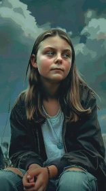 Thoughtful Greta Thunberg Portrait with Cloudy Background