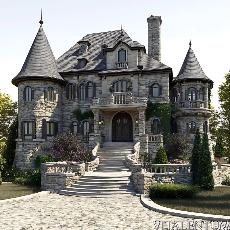 Elegant Stone Mansion with Grand Staircase in Medieval Style AI Image