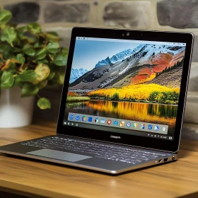Sleek Laptop on Wooden Desk with Mountain Background