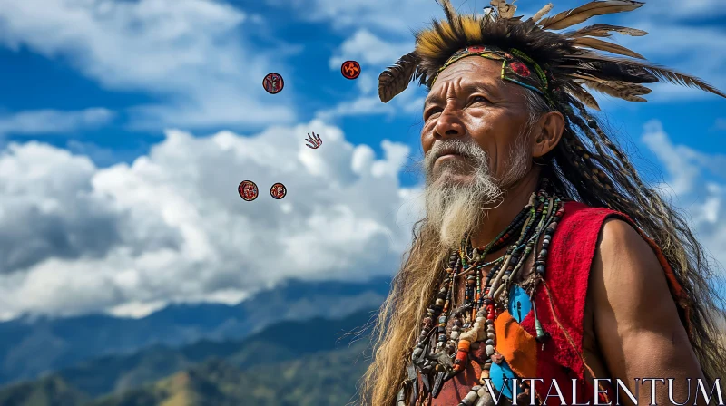 AI ART Indigenous Man with Feathers and Beads