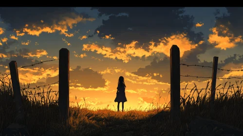 Sunset Field Silhouette of Girl