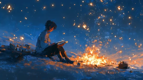 Woman Reading by Firelight