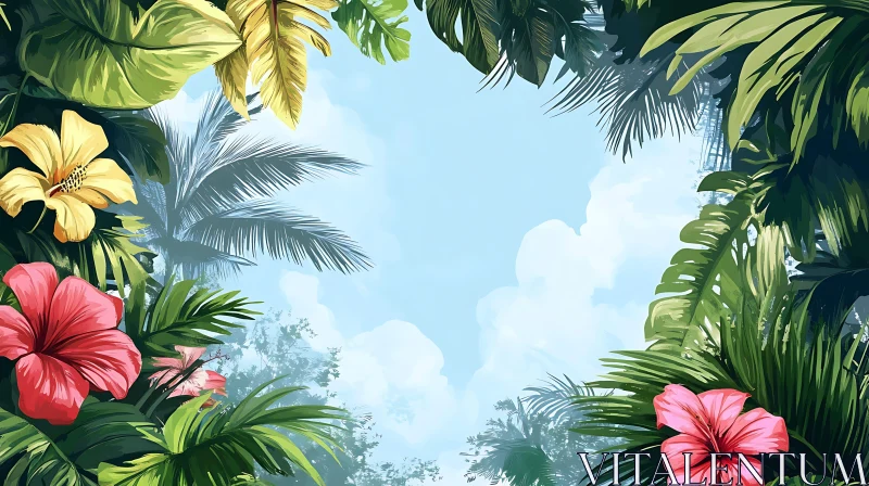 Vibrant Hibiscus Blooms Among Palm Leaves AI Image