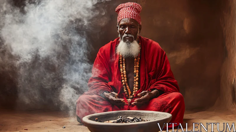 Contemplation in Red: A Meditative Portrait AI Image