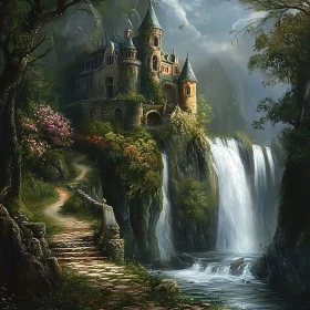 Cliffside Castle by Waterfall Scenery