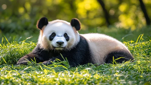 Panda Resting in Sunlit Grass