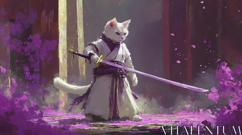 AI ART Feline Warrior in a Floral Battleground