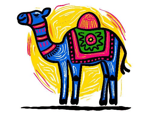 Blue Camel Digital Drawing in Folk Art Style POD Design