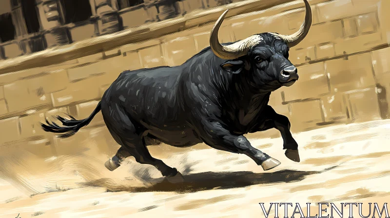 Charging Bull in Sunlit Arena AI Image