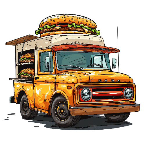 POD Design Cartoon Yellow Retro Food Truck with Burger Top Illustration