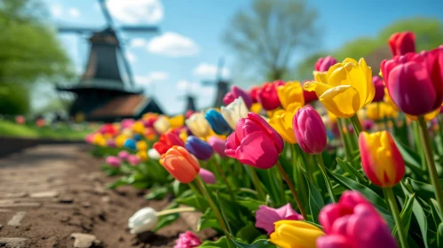 Colorful Tulips and Windmills in Holland - A Vibrant Composition