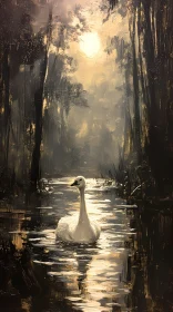 Peaceful Swan in Sunlit Forest