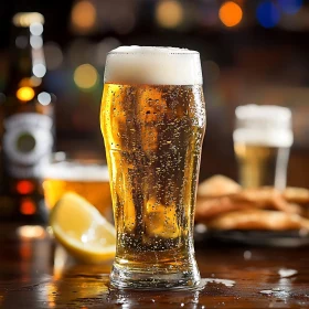 Golden Beer with Lemon on Wooden Table