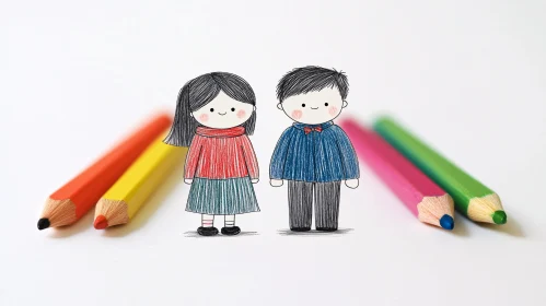 Illustration of Children with Colored Pencils