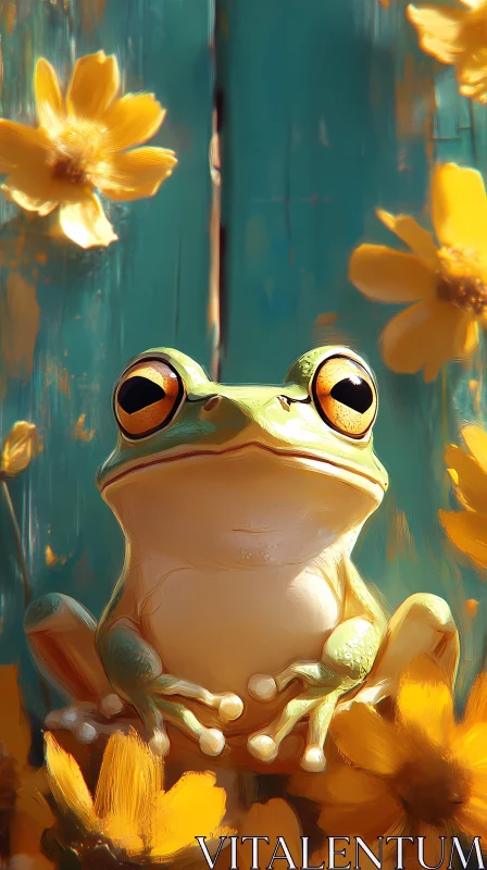 Frog and Flowers Colorful Scene AI Image