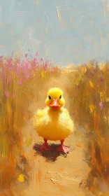 Charming Duckling in Wildflower Path