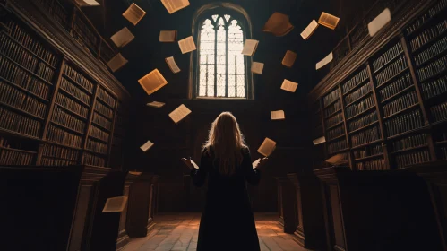 Woman in Library Surrounded by Books
