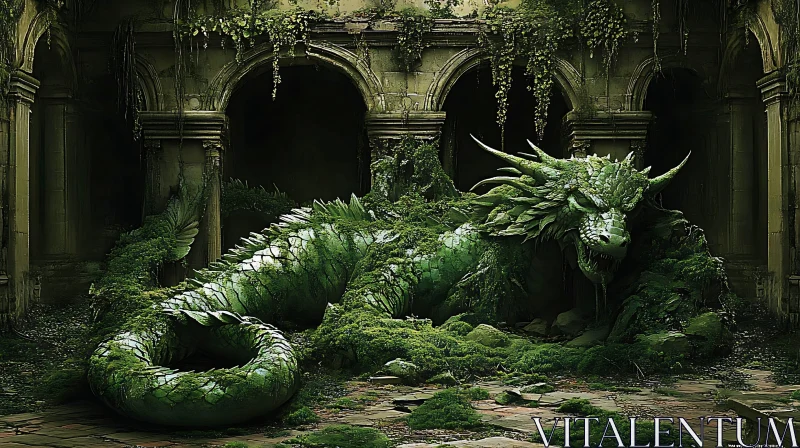 Verdant Dragon Slumbering in Ruins AI Image