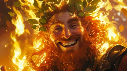 Smiling Man in Firelight with Leafy Crown