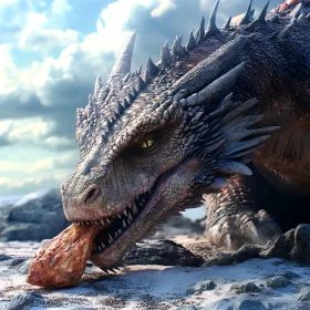 Dragon Eating Meat on Snowy Ground