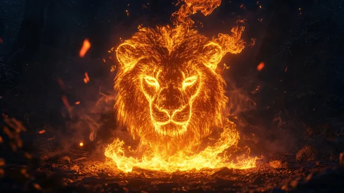 Mystical Fiery Lion's Head in Dark Forest