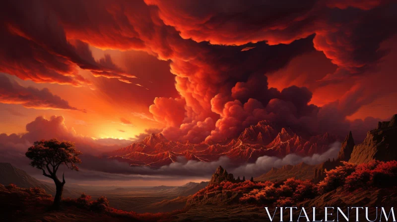 Fantasy Storm Artwork in a Red Sky Wilderness AI Image
