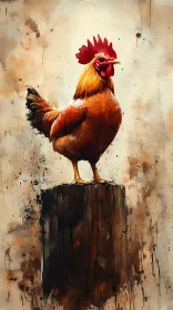 Artistic Rendering of a Rooster on a Stump