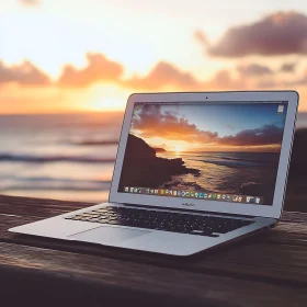 Tech and Nature: Laptop at Sunset Beach
