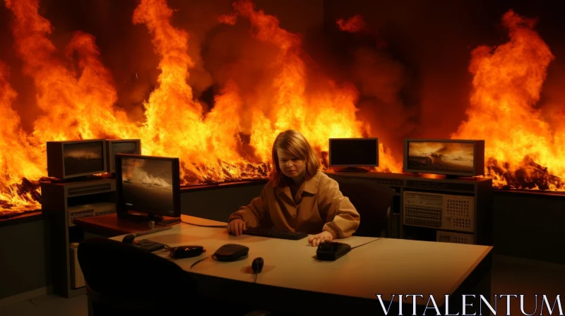 Intense Fire Scene: Woman at Desk Engulfed in Flames AI Image