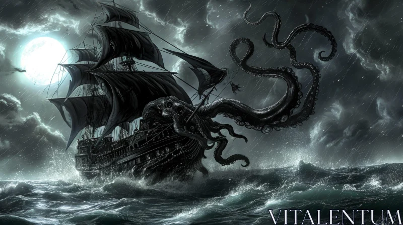 Octopus Attacks Pirate Ship in a Dark and Stormy Night AI Image