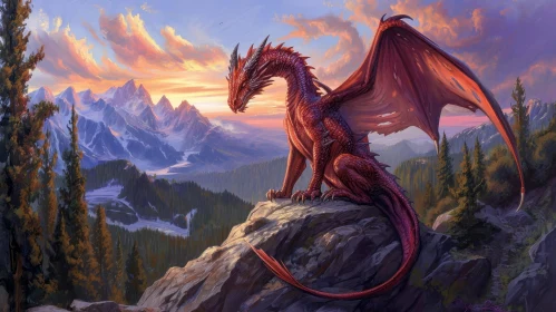 Red Dragon in Majestic Mountain Landscape - Digital Fantasy Painting