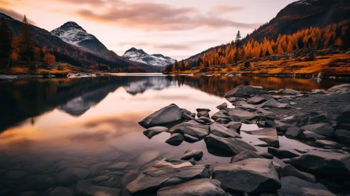Tranquil Autumn Lake Amidst Mountain Sunrise
