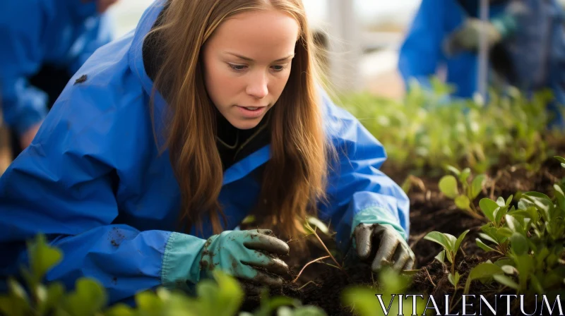 Youthful Gardening: Planting Scene in Blue Jacket | 70mm Film AI Image