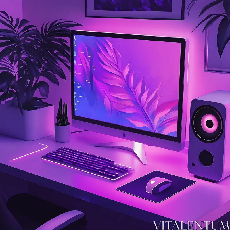 Futuristic Computer Desk Setup with Purple LED AI Image