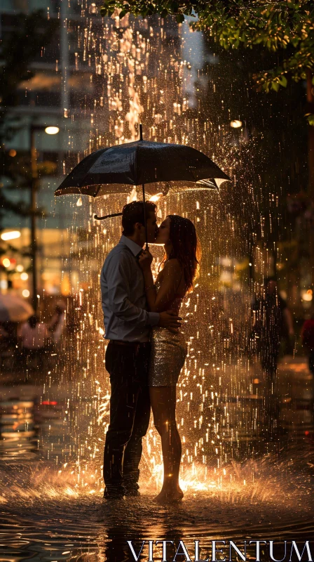 Couple Kissing Under Umbrella in Golden Rain AI Image