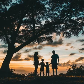 Sunset Family Silhouette Under Tree