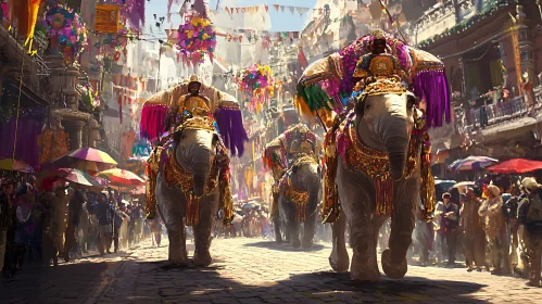 Procession of Decorated Elephants in India